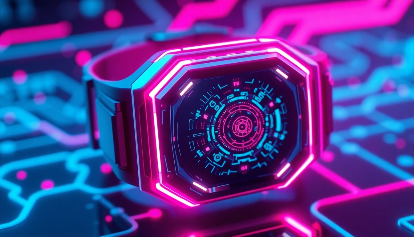A highly detailed, glowing 3D illustration of a futuristic, neon-lit wearable wellness device, with intricate circuitry and geometric patterns pulsing with cyan and magenta lights, conceptually representing the convergence of technology and wellness.