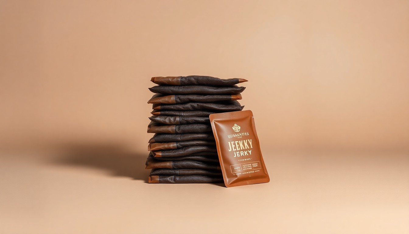 A high-end, photorealistic studio still-life photograph featuring a stack of premium jerky packages in muted earth tones, arranged elegantly on a clean, monochromatic seamless background with sharp, dramatic lighting and deep shadows.