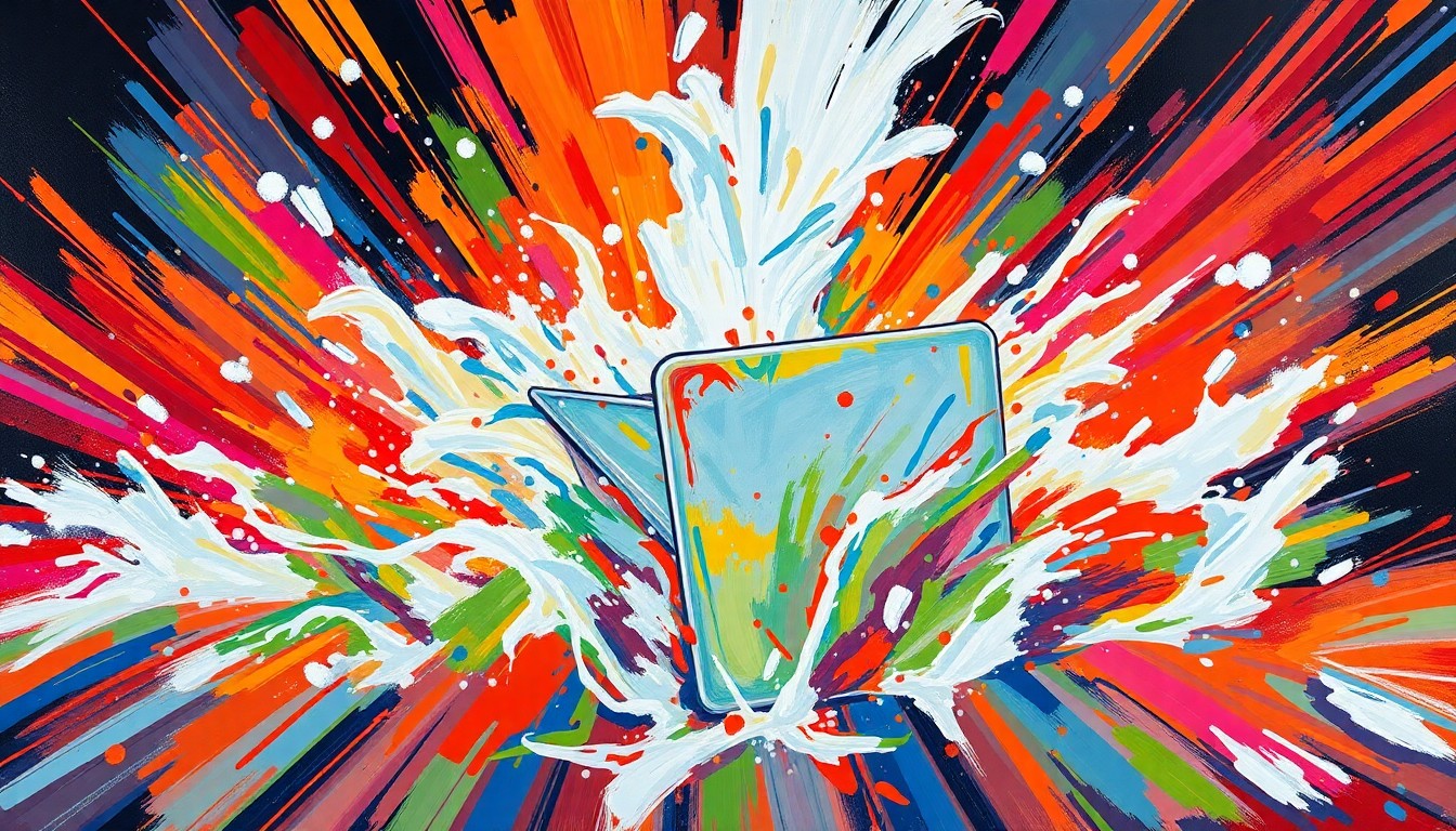 An abstract, expressionist painting in neon colors depicting the violent bending of a laptop under the force of a Gatorade bath, capturing the raw energy and chaos of a post-game celebration.