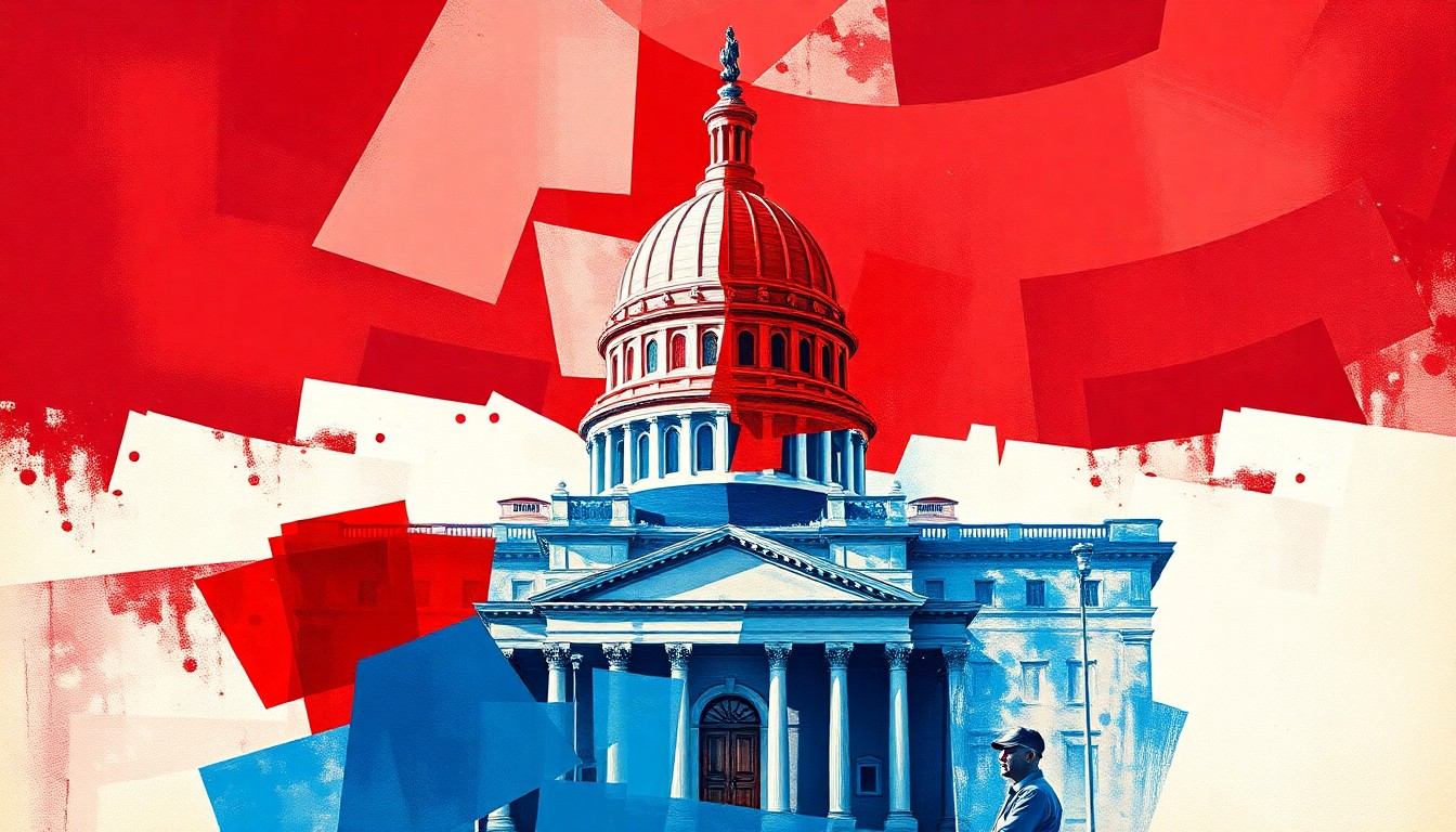 A fractured, abstract painting in red, white, and blue hues, depicting a government building or political symbol in a state of fragmentation, conveying a sense of political unrest and division.