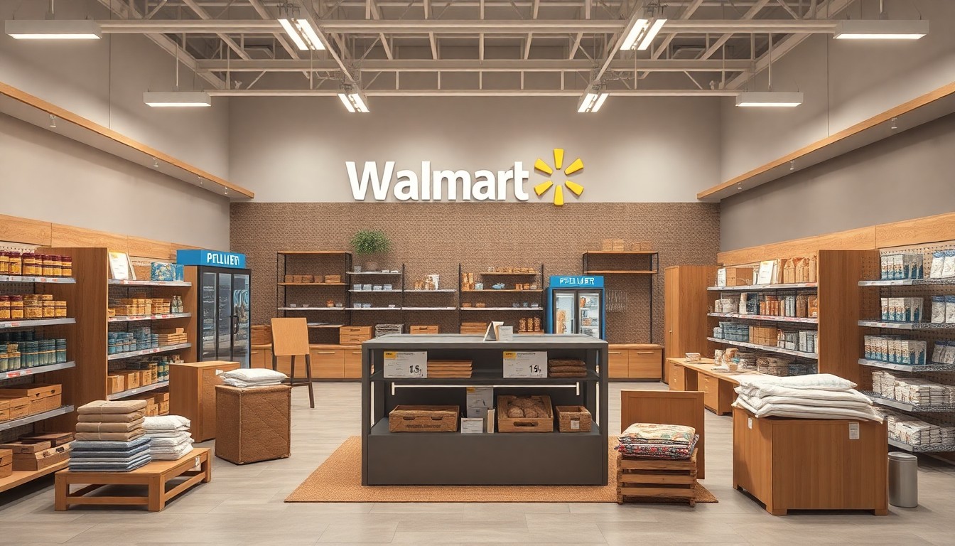 A high-end, photorealistic studio still-life photograph featuring a collection of modern retail fixtures and materials in muted earth tones, conceptually representing the quality upgrades of a Walmart store.