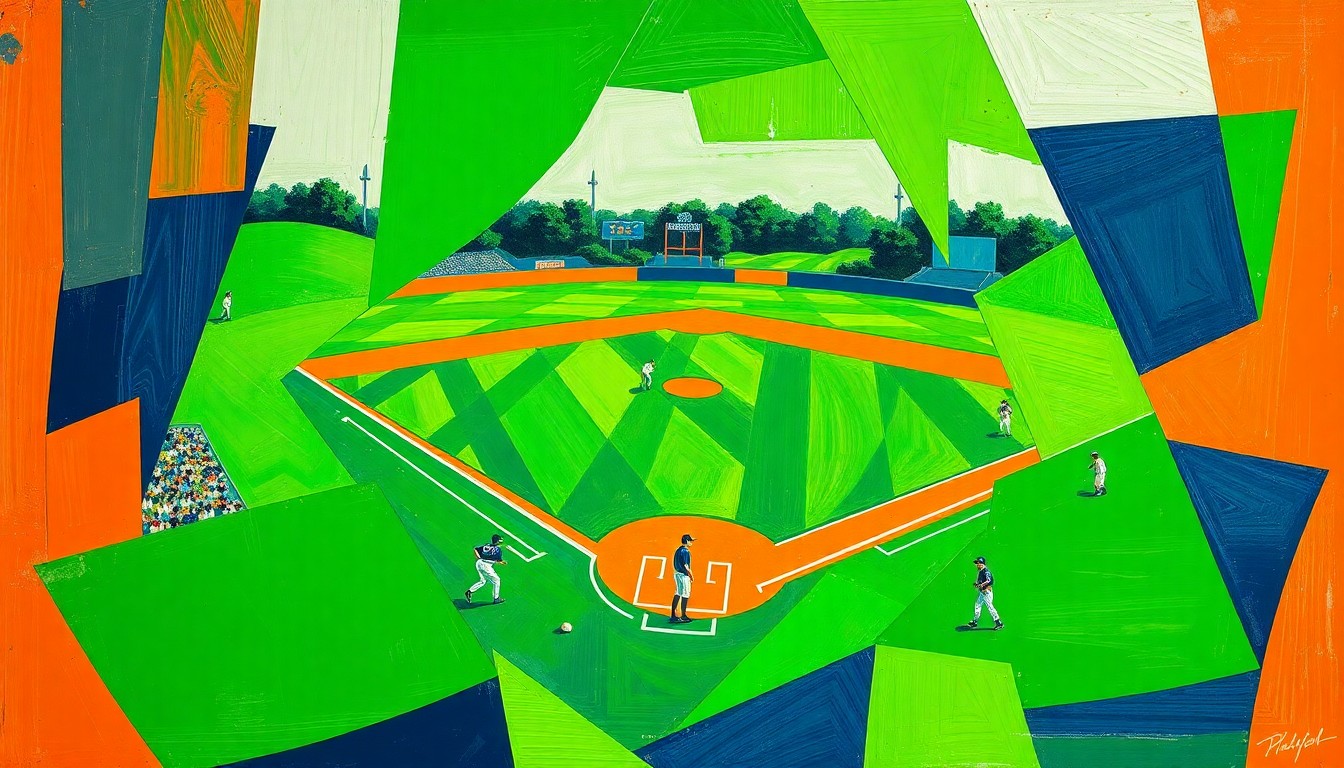 A cubist-style painting featuring sharp, overlapping geometric shapes in bright green, navy blue, and orange, conceptually representing the dynamic action of a high school baseball game.