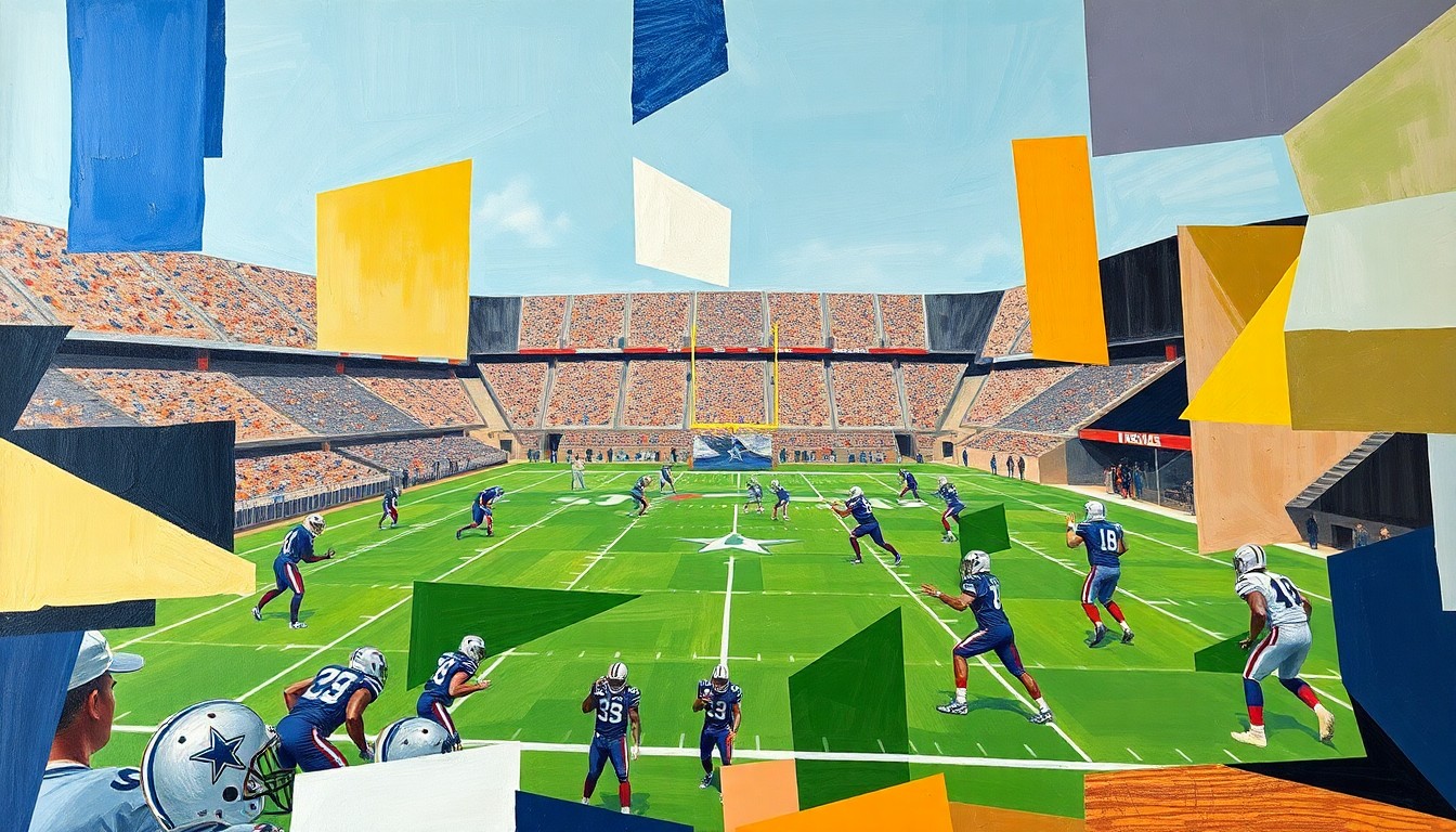 A cubist, geometric painting depicting a fragmented, multi-angled view of a Dallas Cowboys football practice, with players and equipment broken down into sharp, overlapping planes of color and shape.