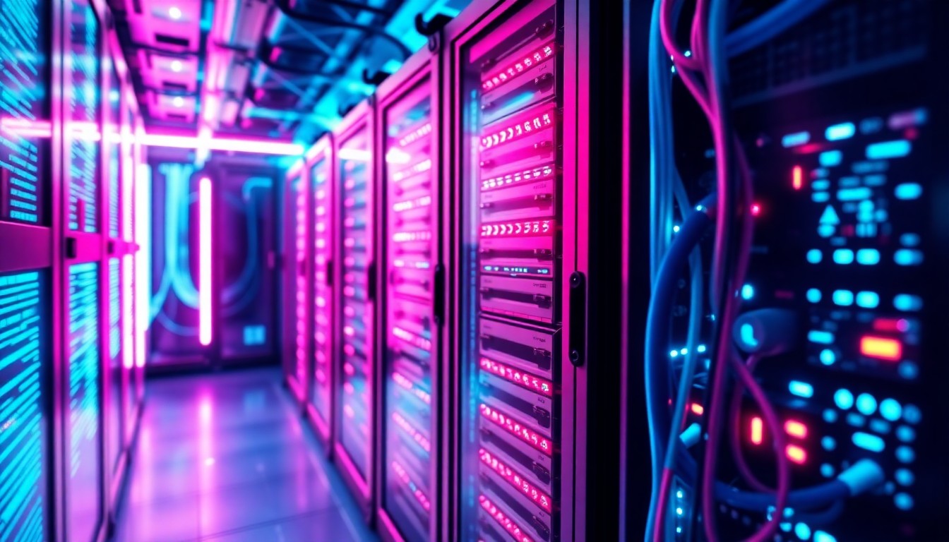 A highly detailed, glowing 3D illustration of a futuristic data center server rack, with illuminated circuit boards, fiber optic cables, and cooling systems, conceptually representing the technological infrastructure powering Texas' data center boom.
