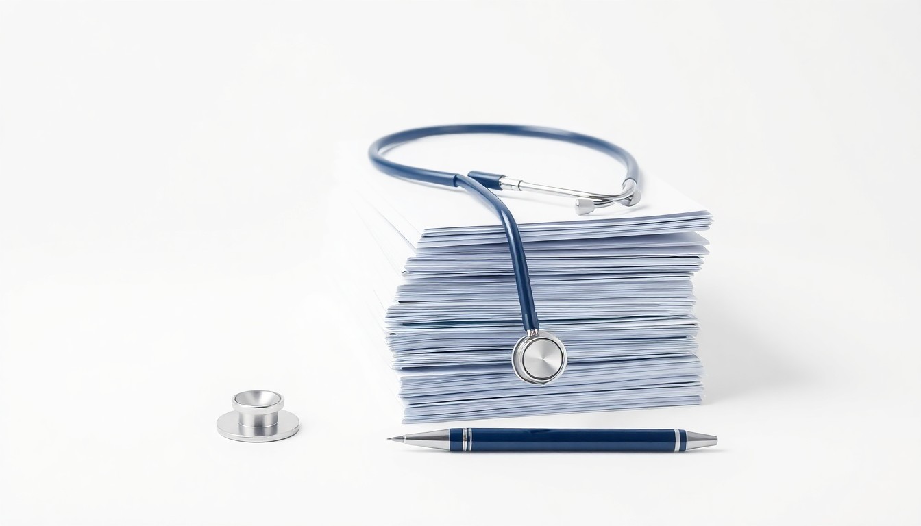 A minimalist studio still life photograph featuring a stack of medical files, a stethoscope, and a pen arranged on a clean, white background, conceptually representing the challenges facing the healthcare industry.