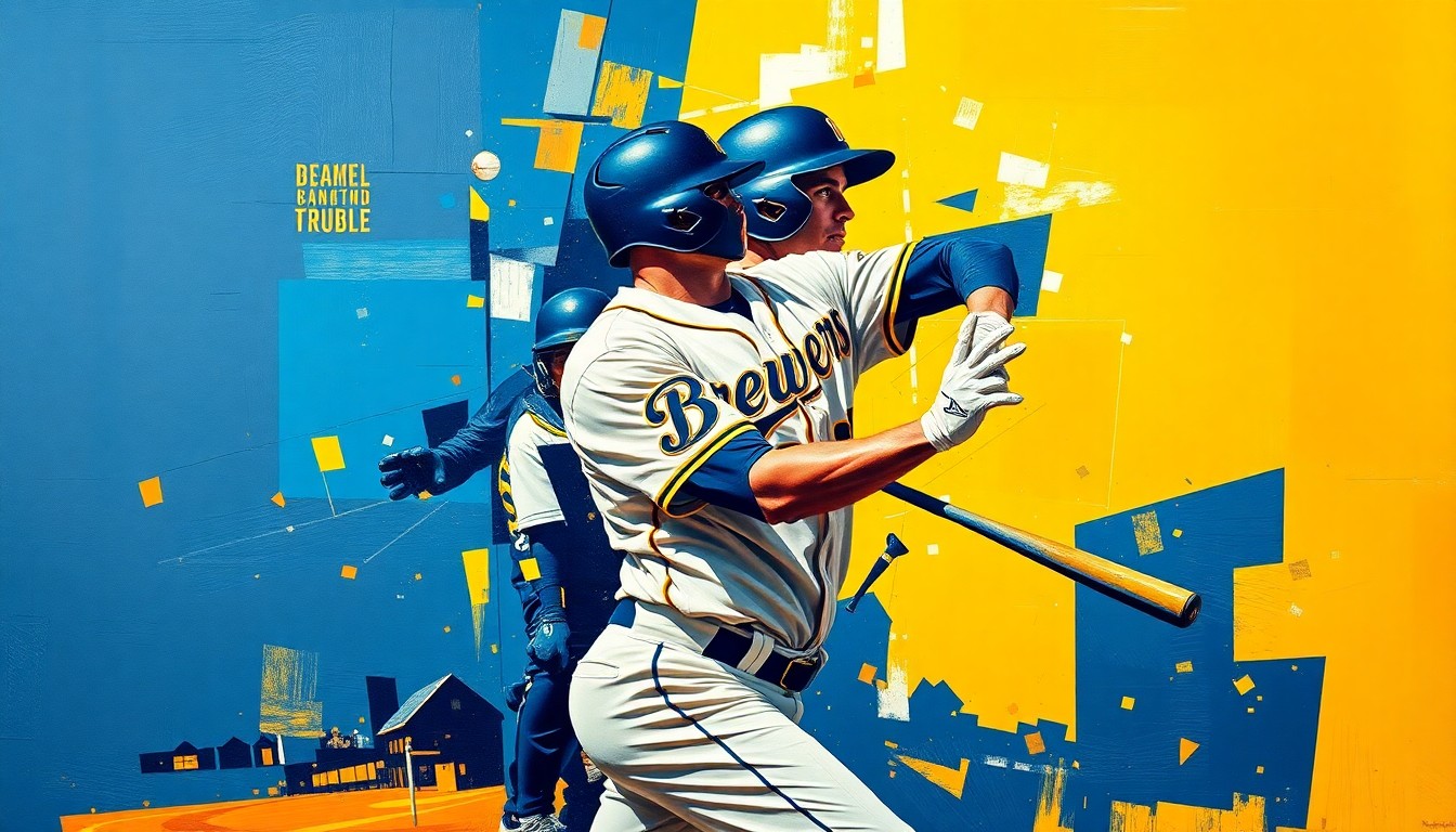 A cubist, geometric painting depicting the motion of a baseball player in overlapping planes of navy blue, gold, and white, conceptually representing the Brewers' roster changes.