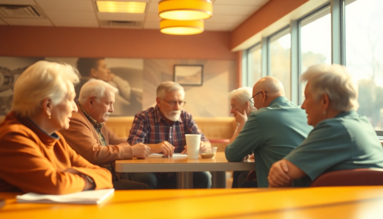 An abstract, impressionistic scene of blurred figures seated around a table, their faces and forms obscured in a soft, warm glow of natural light, conceptually representing the close-knit community and camaraderie of the Belgrade Coffee Club.