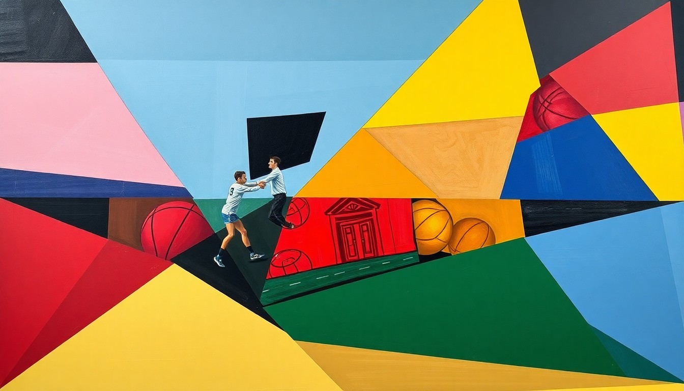 A fragmented, geometric painting in vibrant colors depicts various high school sports scenes, conveying the raw athleticism and community pride of the local athletes.