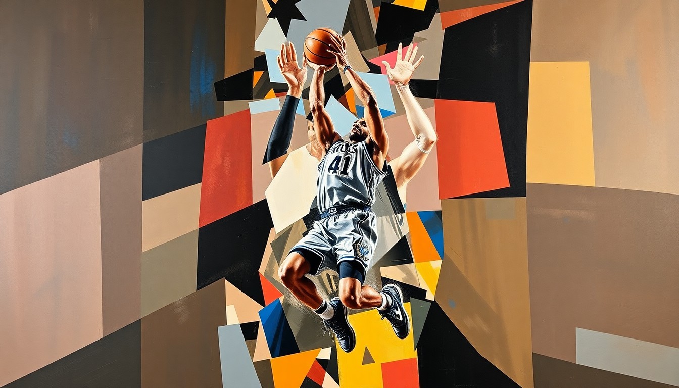 A fragmented, geometric painting depicting the dynamic motion of a basketball player's jump shot, with the player's face and jersey obscured into abstract shapes and planes.