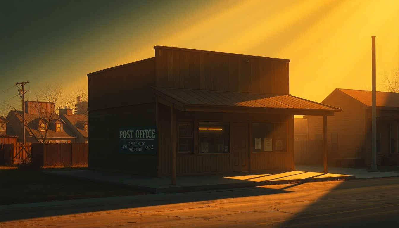 A serene, nostalgic painting of an old, rural post office building with a weathered facade, surrounded by trees and bathed in warm, golden sunlight, conceptually representing the importance of this community institution.