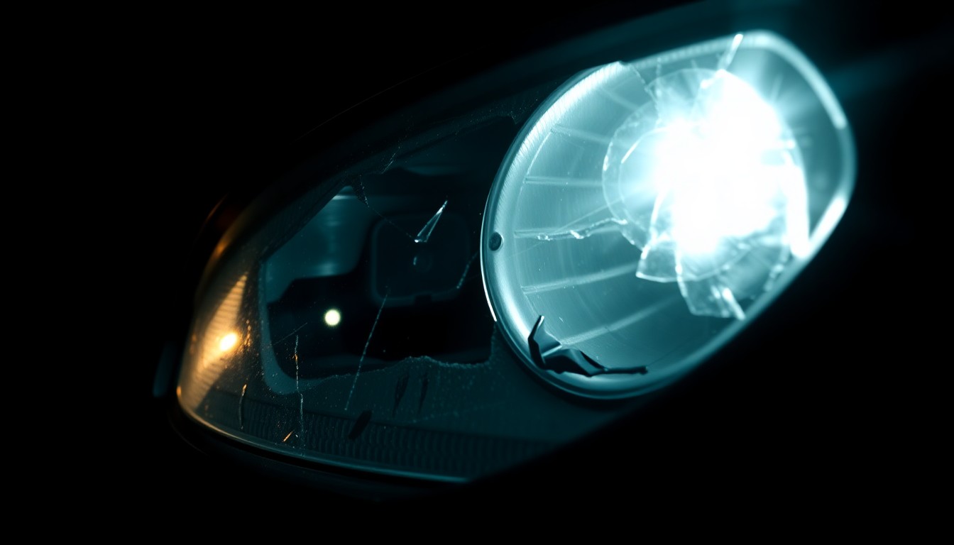 An extreme close-up photograph of a damaged car part, such as a broken side mirror or cracked headlight lens, lit by a harsh, direct camera flash against a pitch-black background, conceptually illustrating the aftermath of a single-vehicle crash.