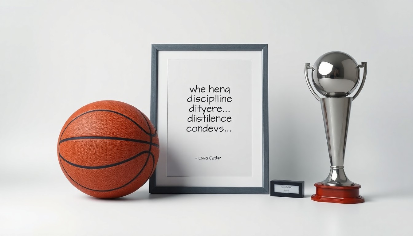 A photorealistic studio still-life featuring a polished basketball, a framed motivational quote, and a sleek trophy, symbolizing the core values of discipline, confidence, and achievement at the heart of the JD Lewis Center's mission.