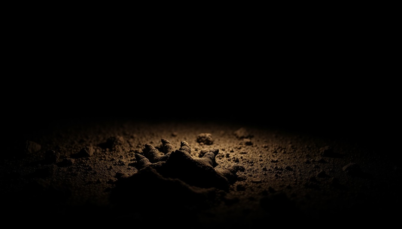 An extreme close-up photograph of a coyote's paw print in the dirt, lit by a harsh, direct camera flash against a pitch-black background, conceptually illustrating the sudden and dangerous nature of the animal attacks.