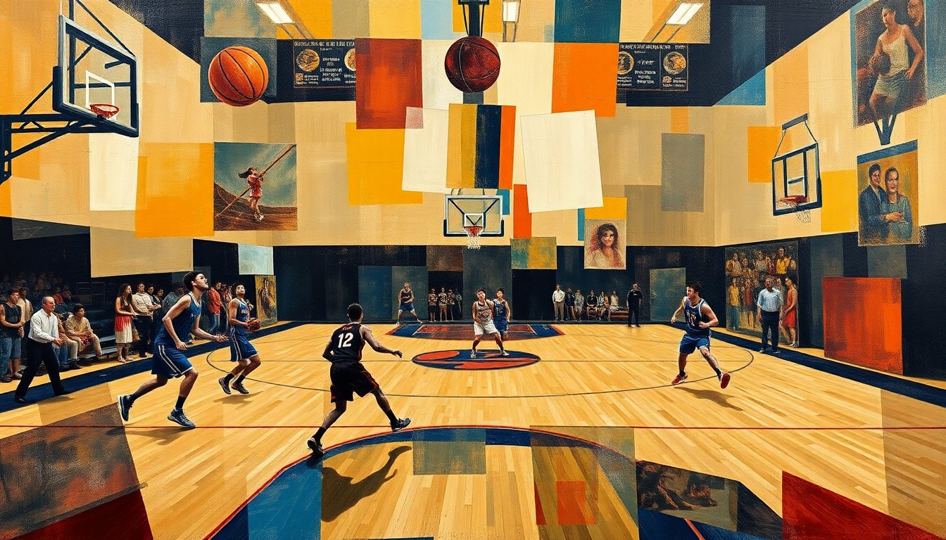 A fragmented, geometric painting depicting the dynamic movements and energy of a high school basketball game, with the court and players broken down into sharp, overlapping planes of color and form.
