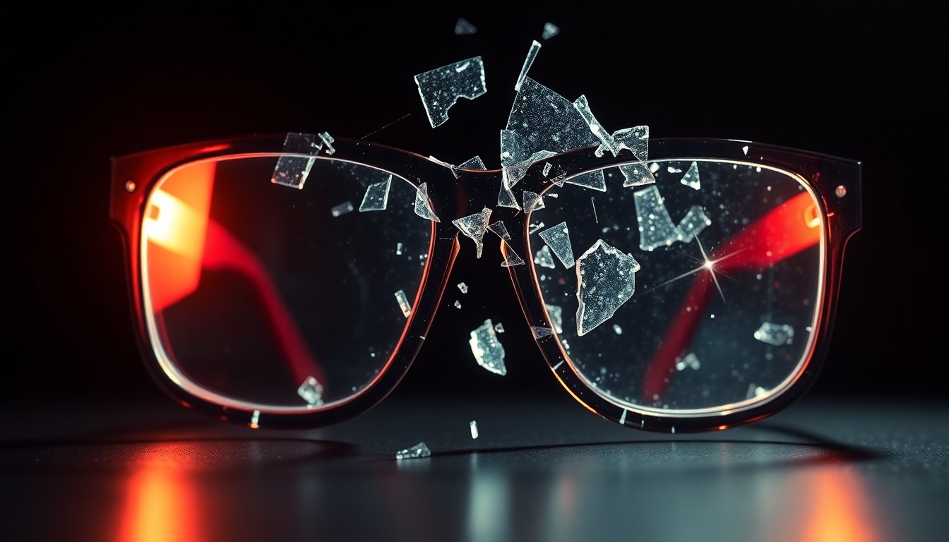 An extreme close-up of shattered 3D movie theater glasses reflecting dramatic, high-contrast studio lighting, conceptually representing the technological absurdity at the heart of the sci-fi anthology series Dimension 404.