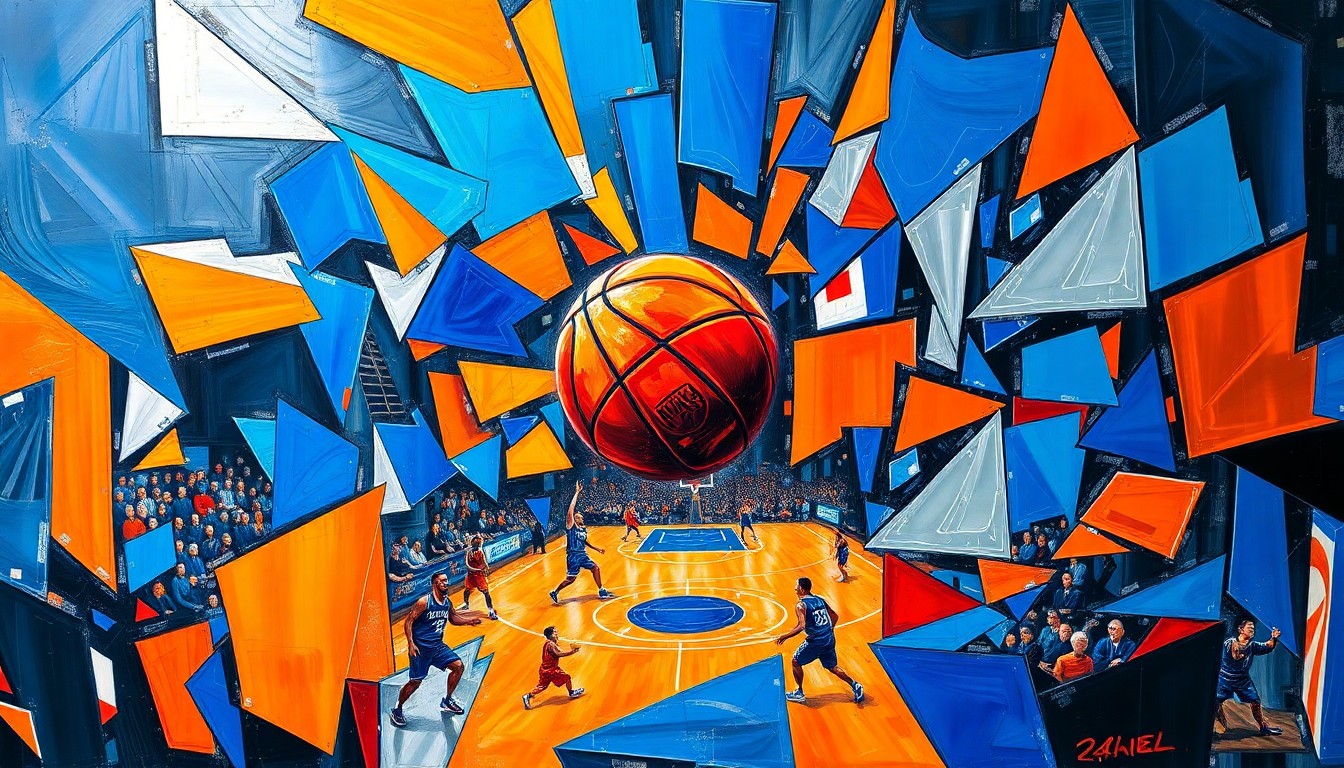 A fractured, cubist-style painting depicting the dynamic action of a high-intensity basketball game, with players and the court broken down into sharp, overlapping geometric shapes in a vibrant color palette, conveying the energy and competitiveness of the semifinal matchup.