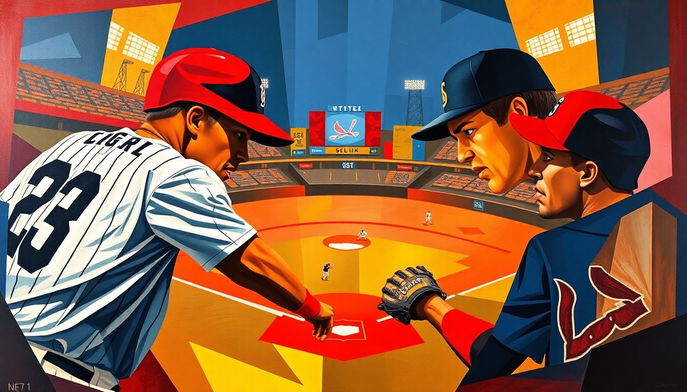 A cubist-style painting featuring overlapping geometric shapes and planes in navy, crimson, and gold, abstracting the forms of baseball players and the action of the game into a dynamic, fragmented visual representation.