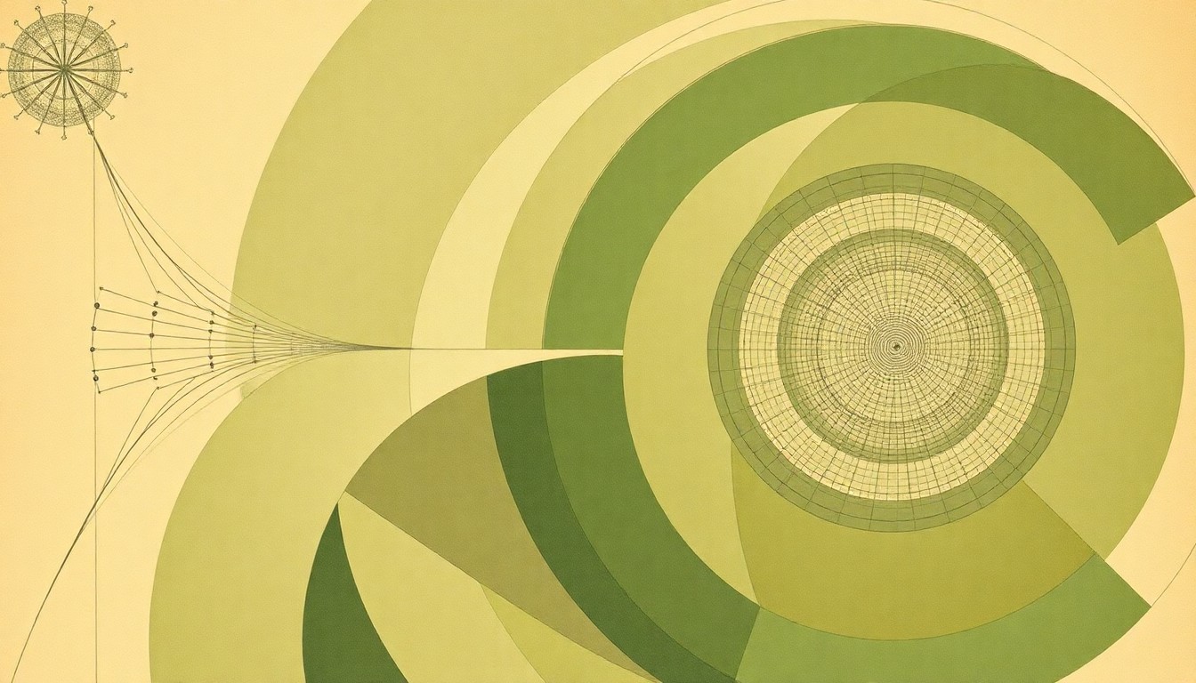 An abstract, highly textured illustration in muted earth tones, featuring sweeping geometric shapes, concentric circles, and precise botanical spirals, conceptually representing the complex data and geographic relationships captured in pioneering computer maps from the 1970s.