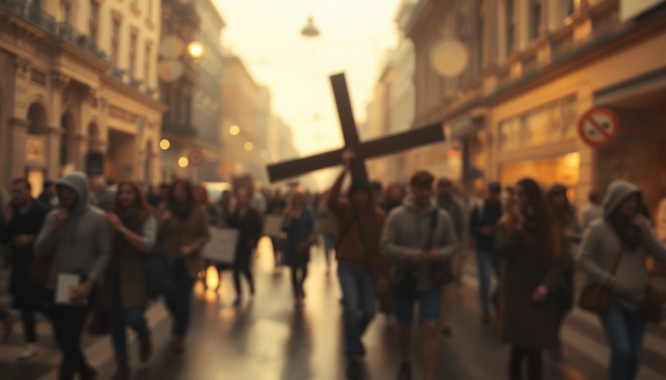 An abstract, out-of-focus scene of people carrying a large cross down a city street, with pools of soft, glowing light in the background.