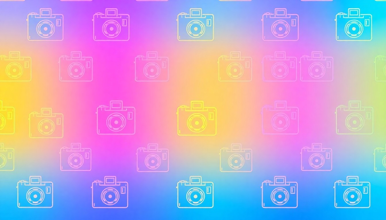 A bold, stylized illustration of a vintage journalism camera icon repeated in a grid pattern, using bright neon colors to conceptually represent the national prominence of the University of Maine's journalism program.