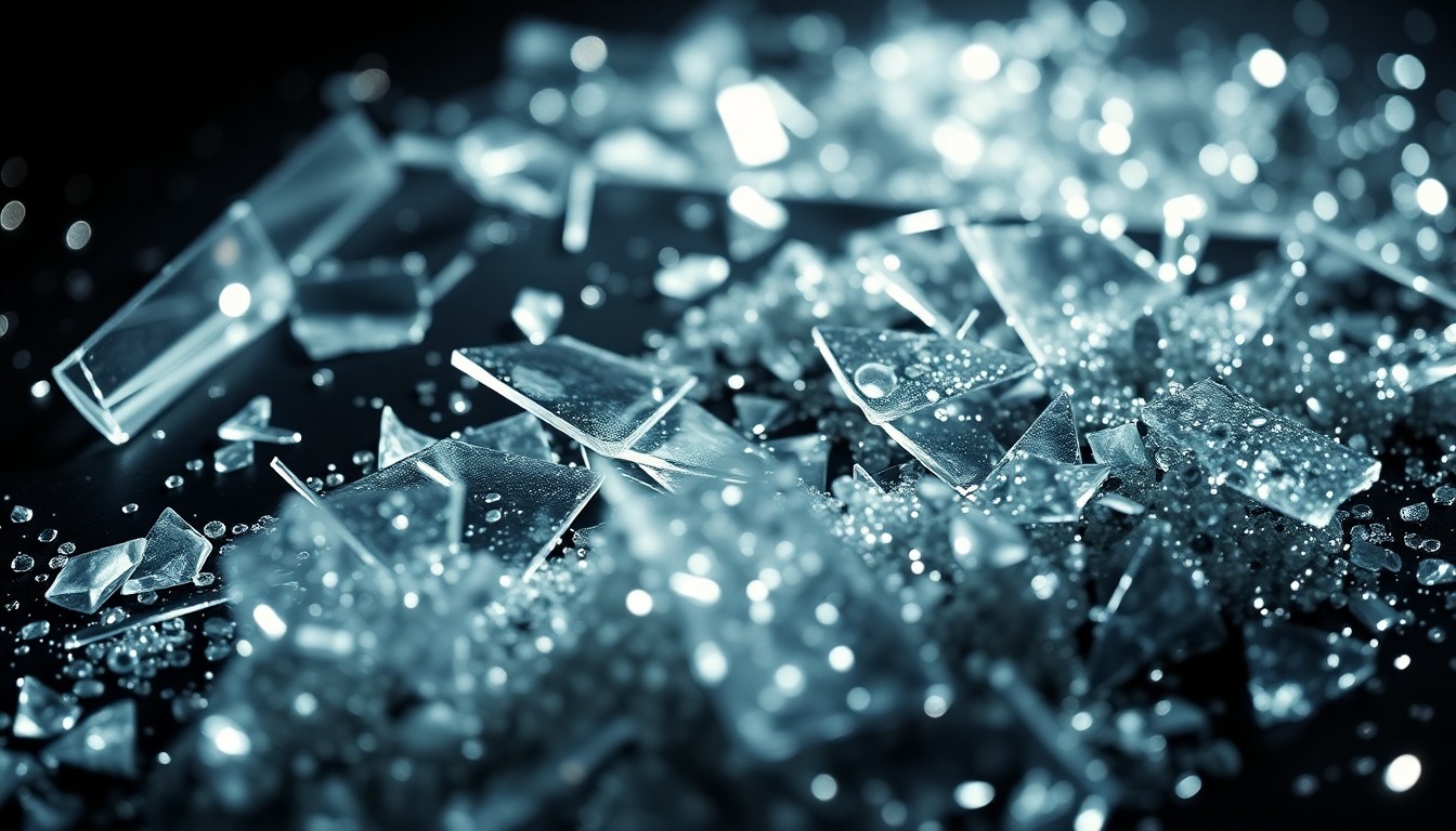 An extreme close-up of shattered glass and glittering sequins, conceptually representing the fragile nature of fame and the allure of the music industry.