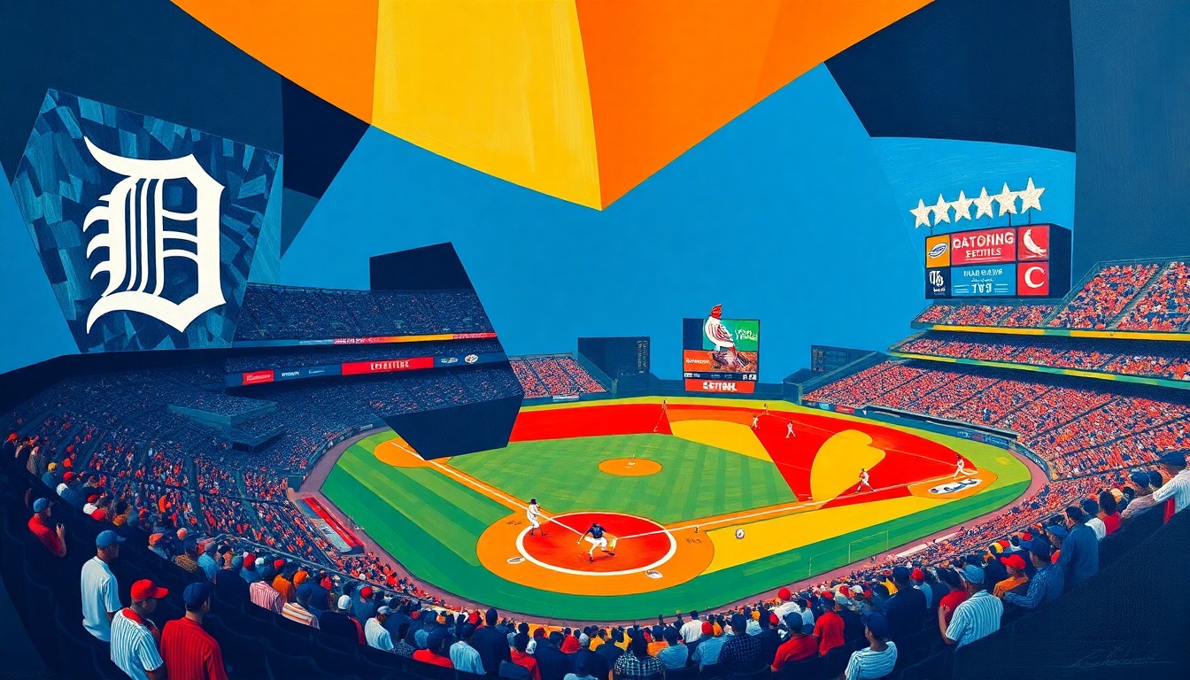 A fractured, cubist-style painting depicting a baseball game between the Detroit Tigers and St. Louis Cardinals, with sharp geometric shapes and planes of vibrant colors like navy, orange, and red, capturing the energy and movement of the sport.