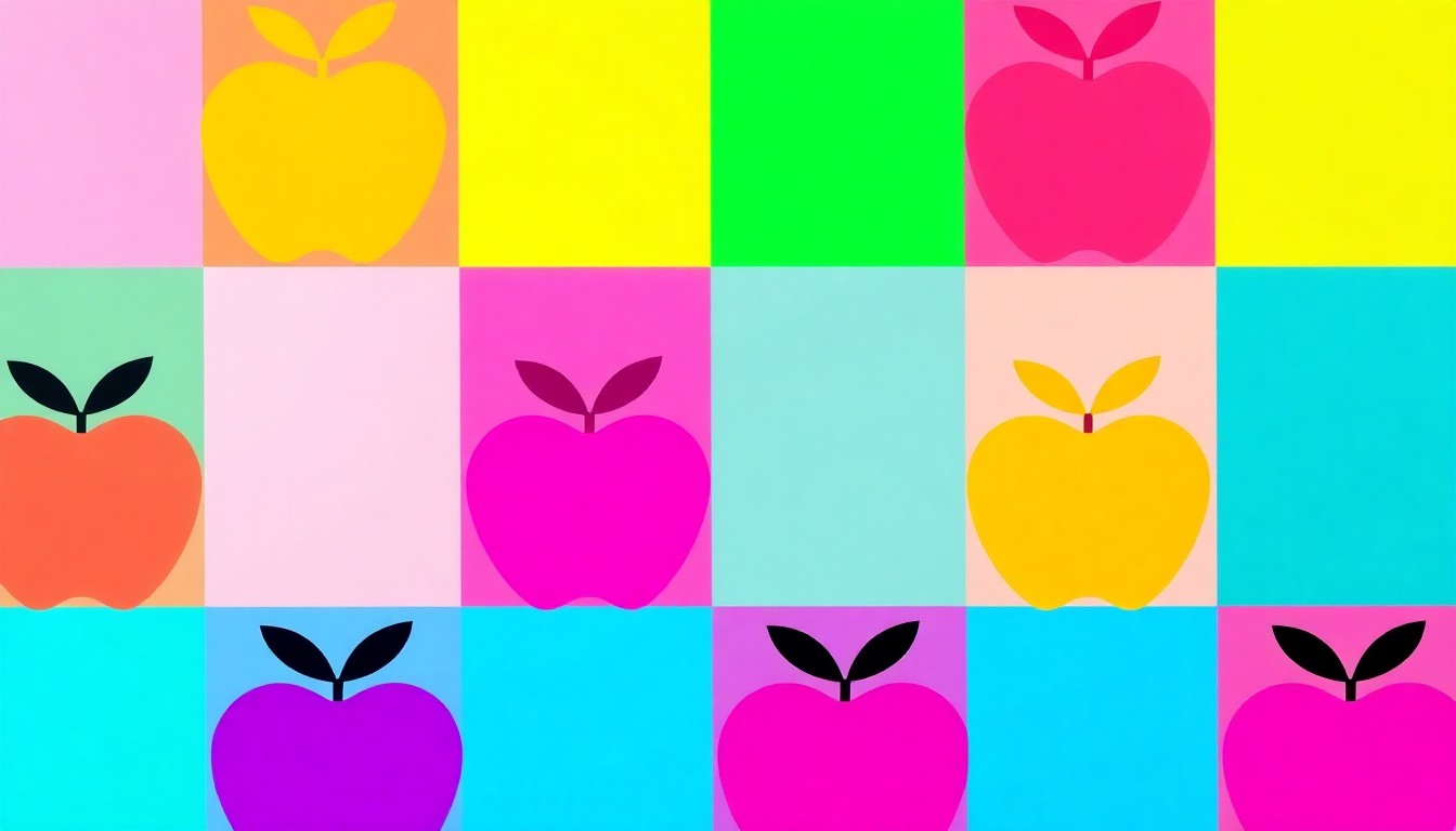 A bold, colorful silkscreen print featuring a repeating pattern of a stylized teacher's apple icon in vibrant shades of red, orange, and yellow, capturing the energy and excitement of an educational career fair.