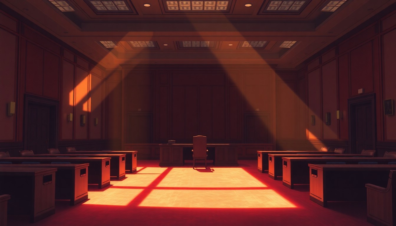 A cinematic painting of an empty city council chamber with a single desk and chair in the center, bathed in warm sunlight and deep shadows, conveying a sense of civic responsibility and local governance.