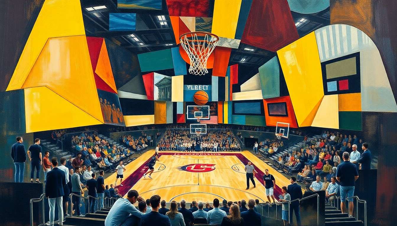 A cubist, geometric painting depicting a fragmented college basketball game, with players and the court broken down into sharp, overlapping shapes and planes in a vibrant color palette.