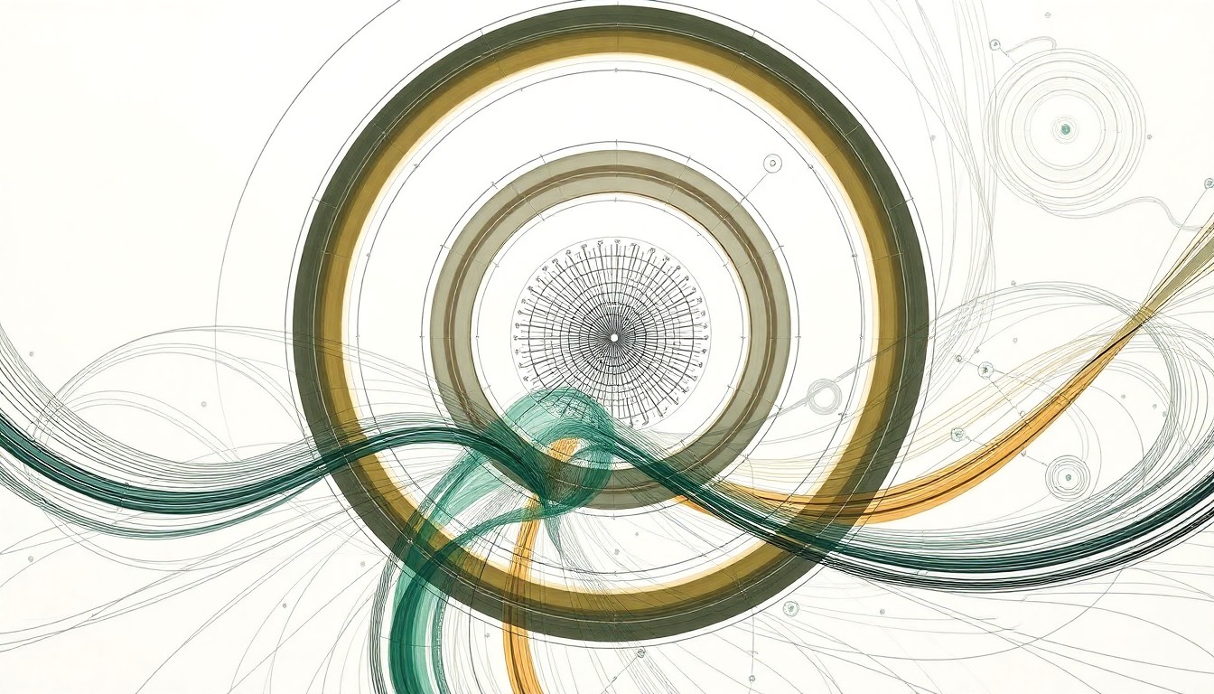 A highly structured abstract painting in muted earth tones, featuring sweeping geometric arcs, concentric circles, and precise botanical spirals, conceptually representing the complex interplay of hardware, software, and data that powers Ginkgo Bioworks' autonomous lab platform.