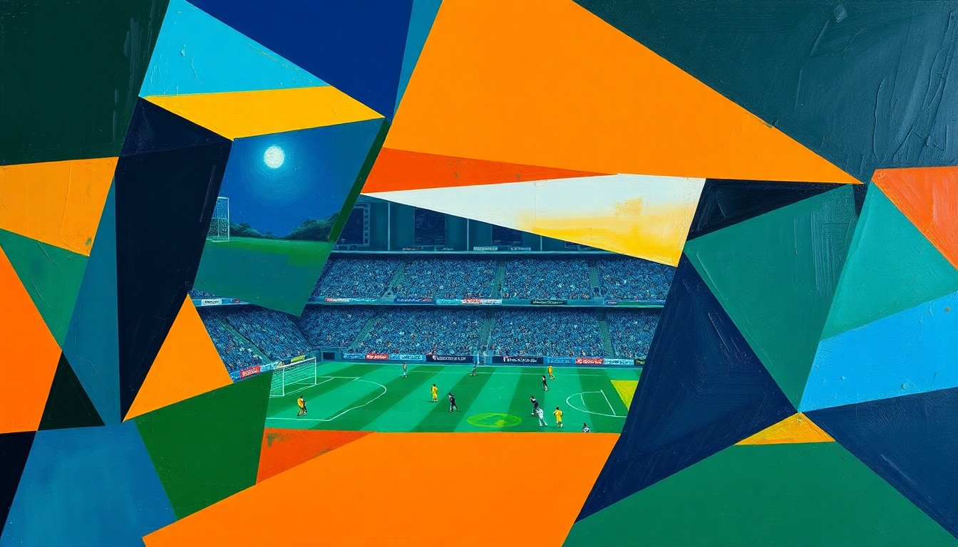 A fractured, geometric painting depicting a football game or match, with sharp, overlapping planes in vibrant colors representing the Bears' defensive struggles.