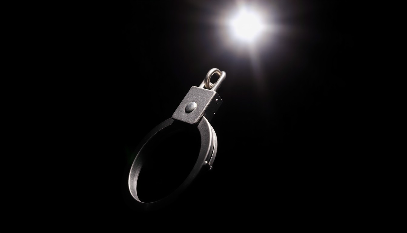 An extreme close-up photograph of a handcuff, lit by a harsh, direct camera flash against a pitch-black background, conceptually illustrating the serious nature of the crime.