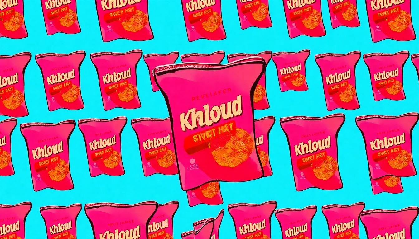A high-contrast, silkscreen-style illustration of a single Khloud Sweet Heat protein chip repeated in a grid pattern, rendered in a bold, neon color palette that transforms the everyday snack into a modern pop art piece.