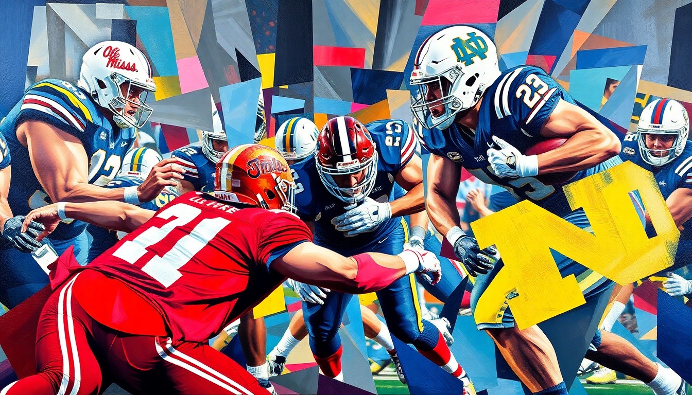 A cubist-style painting depicting the dynamic movements and physicality of a linebacker in action, with the colors of the Ole Miss and Notre Dame uniforms fractured and abstracted into sharp, overlapping geometric shapes.