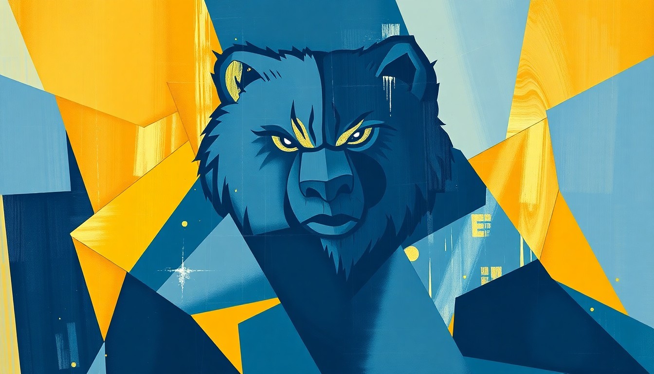 A cubist, geometric painting depicting a basketball game or match, with sharp, overlapping planes of navy blue, light blue, and gold representing the official colors of the Memphis Grizzlies, conceptually illustrating the uncertainty surrounding Ja Morant's future with the team.