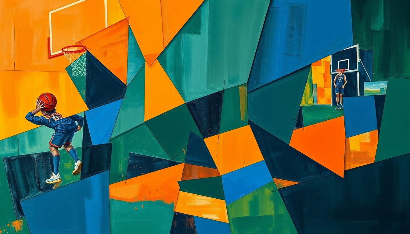 A fragmented, cubist-style painting depicting a basketball game, with the players and court broken down into sharp, overlapping geometric shapes in shades of navy, green, and orange, conveying the dynamic energy and strategic complexity of the sport.