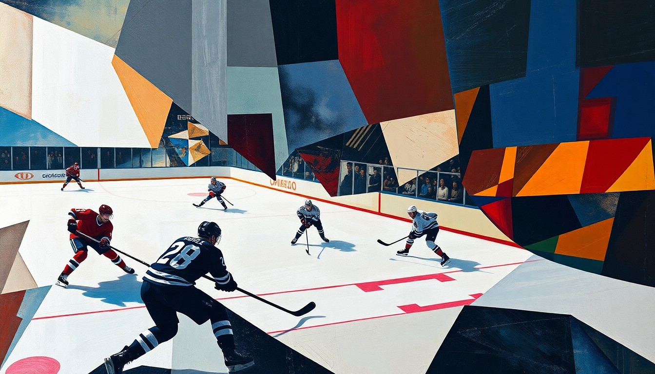 A cubist, geometric painting depicting a hockey game, with the players and ice broken down into abstract shapes and planes of color, capturing the energy and movement of the sport.