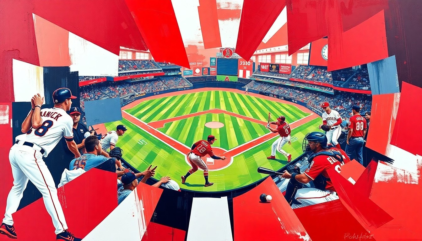 A fragmented, geometric painting depicting the dynamic batting motion of a baseball player, rendered in the bold, angular style of Pablo Picasso using the red, white, and navy blue colors of the Los Angeles Angels.