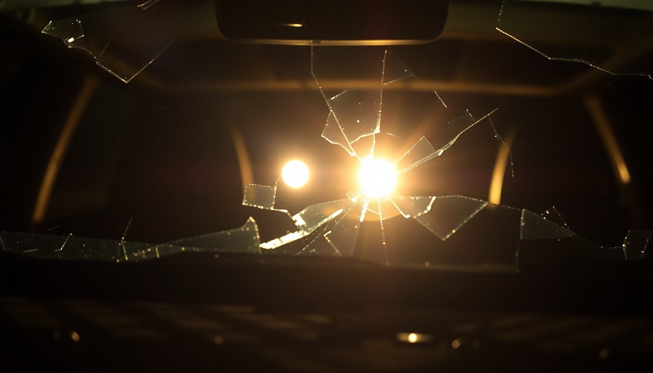 An extreme close-up of a shattered car windshield reflecting a harsh camera flash, conceptually illustrating the aftermath of a fatal drunk driving incident.