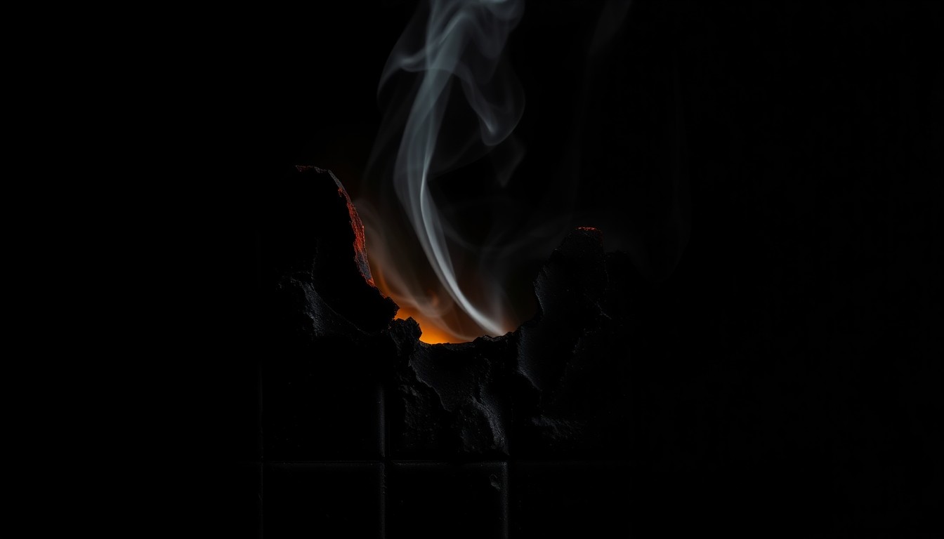 An extreme close-up photograph of a charred, cracked bathroom tile with a faint wisp of smoke, conceptually illustrating the aftermath of a residential fire.