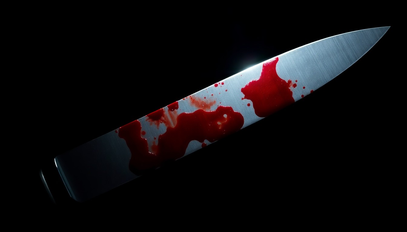 An extreme close-up of a bloodied knife blade, captured in harsh, dramatic lighting against a pitch-black background, conceptually representing the violence of a domestic assault.