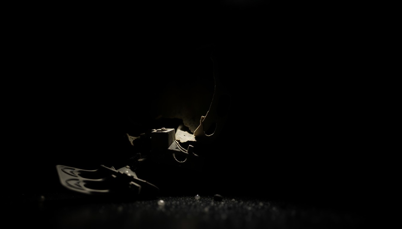 An extreme close-up photograph of a crumpled car part or piece of debris from the crash site, dramatically lit by a harsh flash against a dark background, conveying the gritty aftermath of the highway incident.