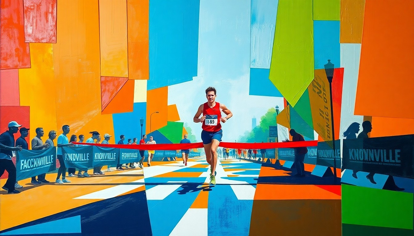 A fragmented, geometric painting depicting a Knoxville Marathon runner crossing the finish line, with sharp planes of bright orange, blue, and green colors creating a dynamic, multi-perspective view of the athletic event.