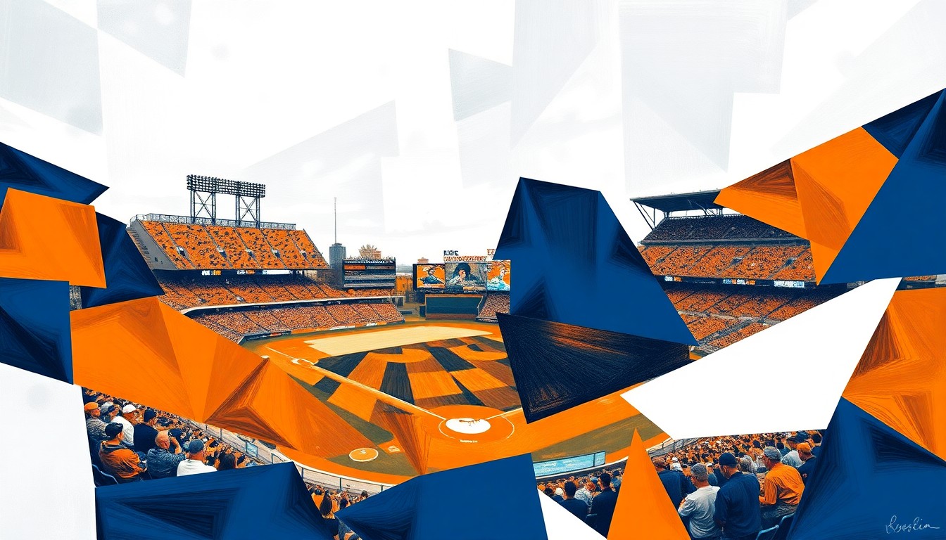 A cubist-style painting depicting a baseball game between two teams, with the players and field broken down into overlapping geometric shapes in navy blue, orange, and white colors.