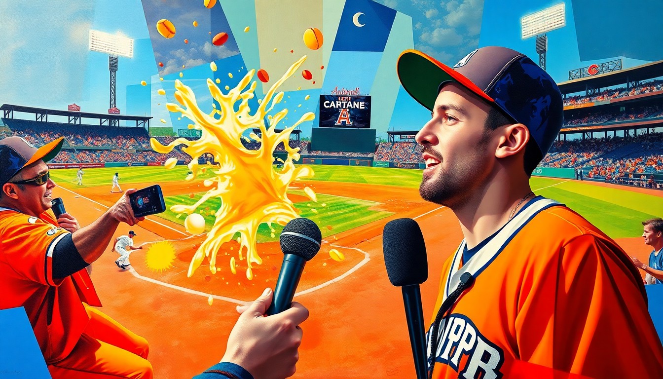 A fragmented, geometric painting depicting a baseball player being drenched in Gatorade, with a reporter and her equipment caught in the splash, all rendered in a cubist style of sharp, overlapping planes and vibrant colors.