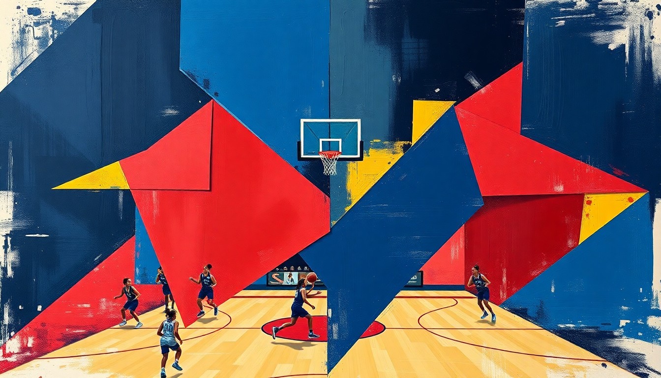 A cubist, geometric painting depicting a fragmented women's basketball game, with overlapping planes of navy, crimson, and gold conveying the dynamic energy of the sport.