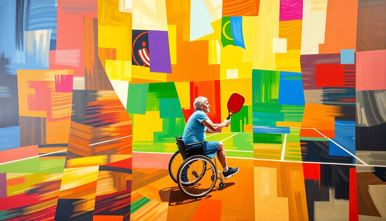 A fragmented, geometric painting depicting a paralyzed person in a wheelchair playing pickleball, with vibrant colors and blurred motion capturing the energy of the sport.