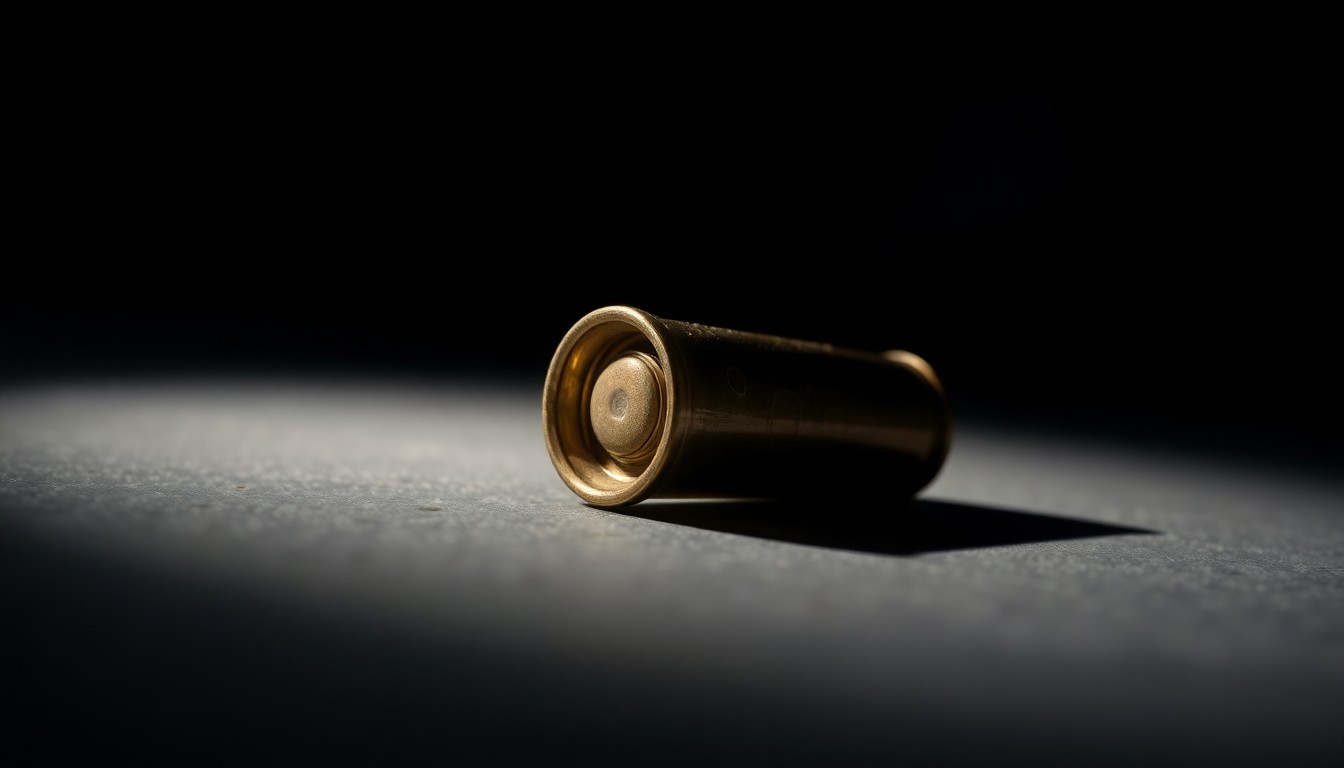 An extreme close-up photograph of a single spent shell casing on a dark surface, lit by a harsh, direct camera flash, creating a stark, investigative aesthetic without any text or identifiable elements.