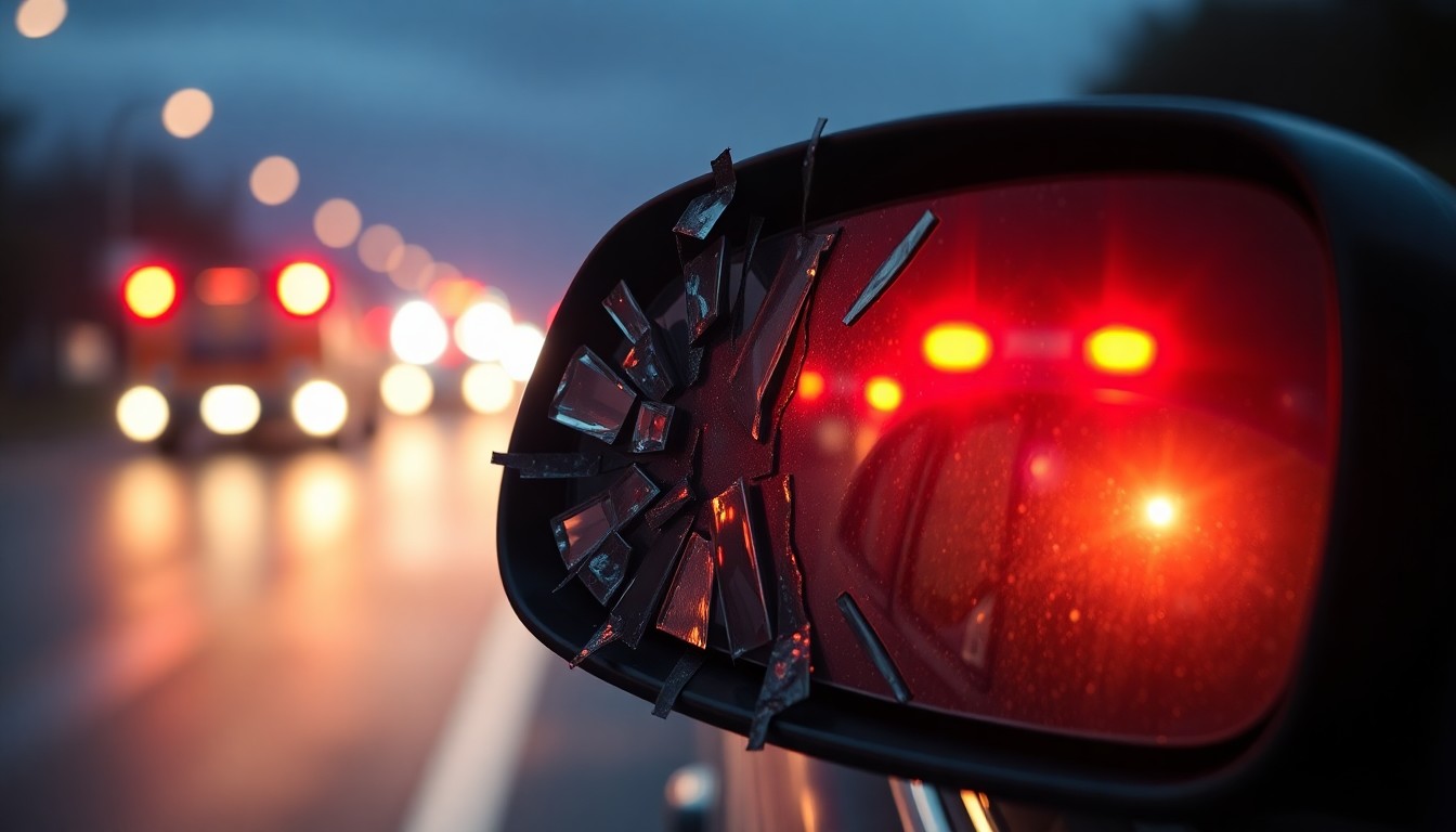An extreme close-up photograph of a shattered car side mirror reflecting the blurred lights of emergency vehicles, conceptually representing the aftermath of a high-speed road rage incident.