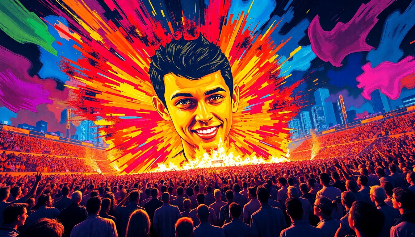 An abstract, energetic painting in neon colors depicting the unveiling of a large tifo display featuring the face of a young soccer player, with the Birmingham skyline visible in the background.